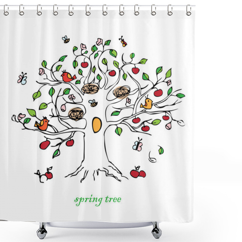 Personality  Spring Tree , Birds, Flowers On A White Background  Shower Curtains