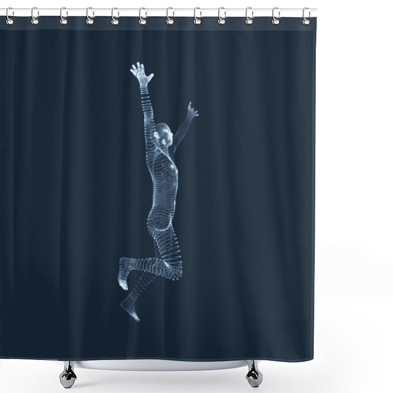 Personality  Running Man. Human With Arm Up. Silhouette For Sport Championship. The Victory Celebration. 3D Model Of Man. Vector Illustration. Shower Curtains