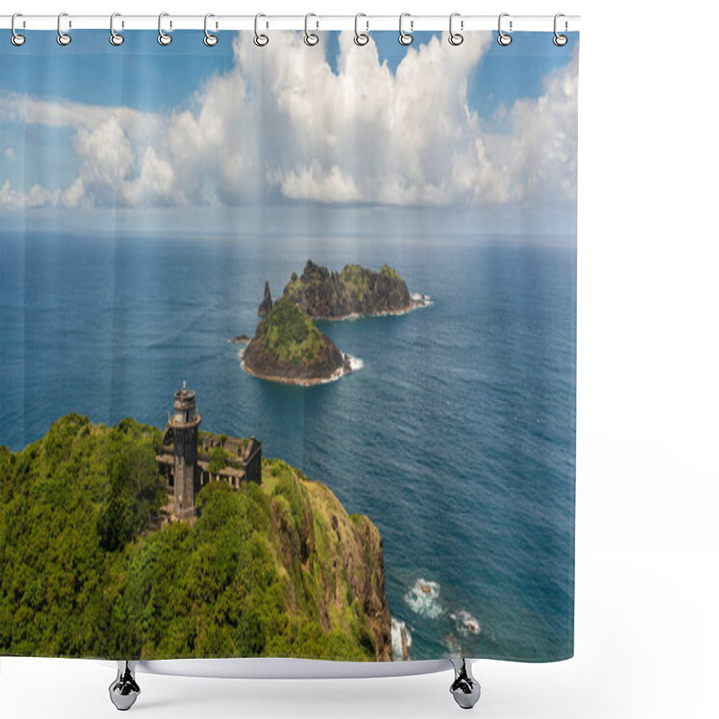 Personality  Aerial View Of Lighthouse And Tropical Islands On The Background Of The Blue Ocean. Cape Engano. Palaui Island. Santa Ana Philippines. Shower Curtains