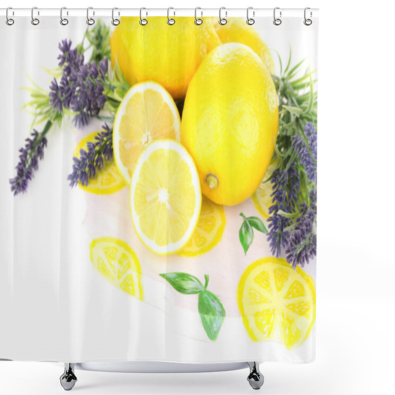 Personality  Still Life With Fresh Lemons And Lavender, Isolated On White Shower Curtains