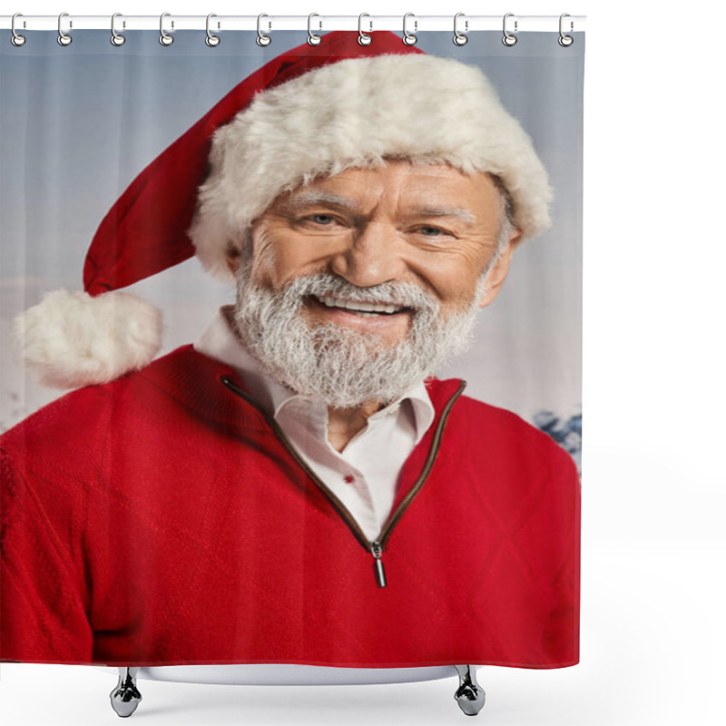 Personality  Vertical Shot Of Joyful Santa In Red Outfit Smiling At Camera With Snowy Backdrop, Winter Concept Shower Curtains