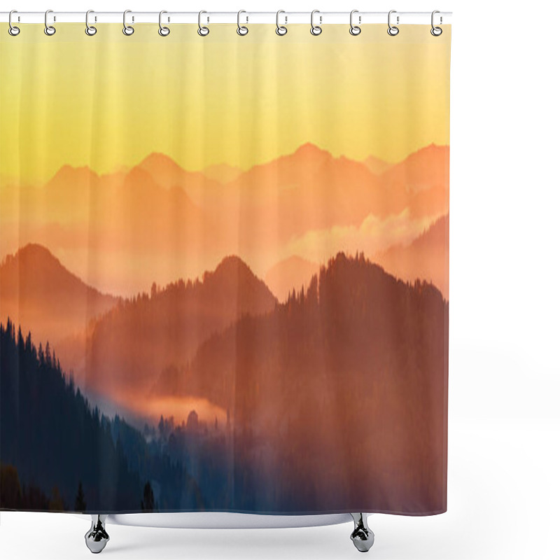 Personality  Landscape With Beautiful Mountains, Fields And Forests Covered With Morning Fog. Panorama With Interesting Sunrise Enlightens Surroundings. Fantastic Autumn Day. Picturesque Resort. Rural Scenery. Shower Curtains