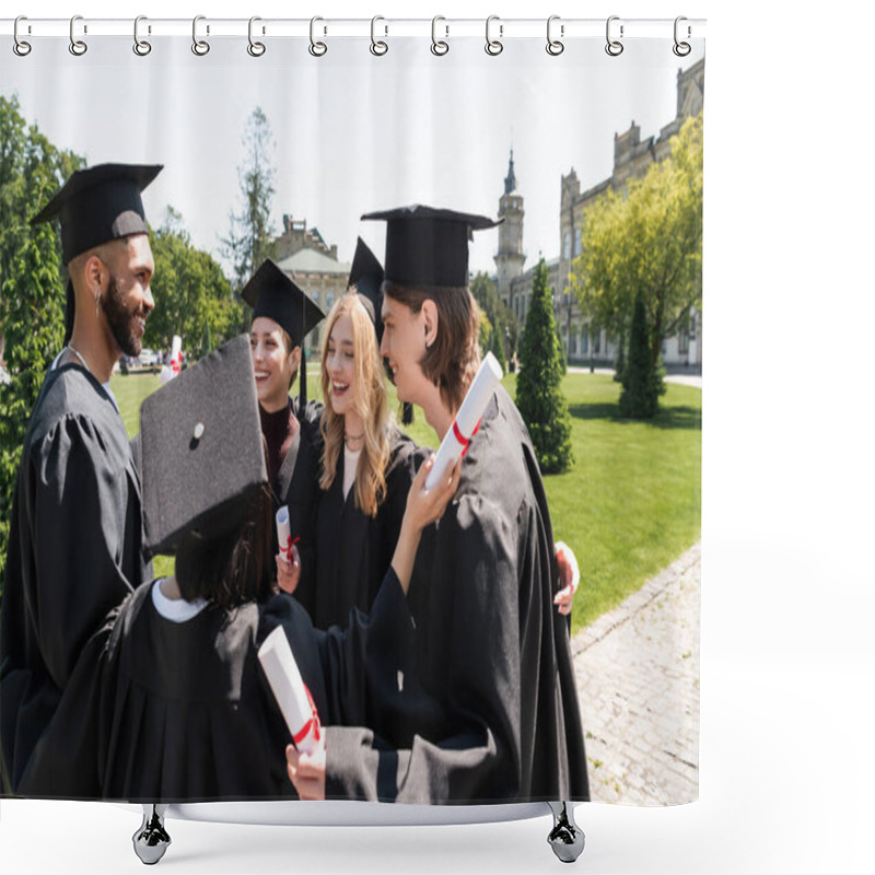 Personality  Smiling Interracial Bachelors In Gowns Holding Diplomas And Hugging In Park  Shower Curtains