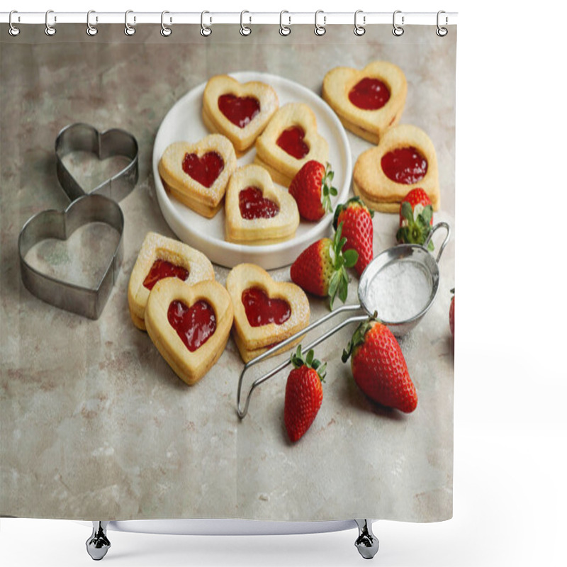 Personality  Cookies In The Form Of Hearts With Strawberry Jam, St. Valentine's Day Consept Shower Curtains