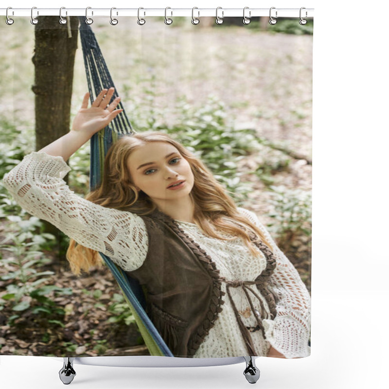 Personality  Young Blonde Woman In Boho Outfit Looking At Camera On Hammock In Retreat Center Shower Curtains