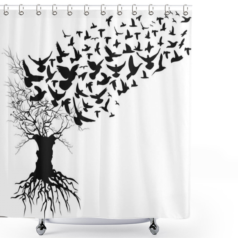 Personality  Isolated Birds Flying Away Dead Branches Tree From White Background Shower Curtains