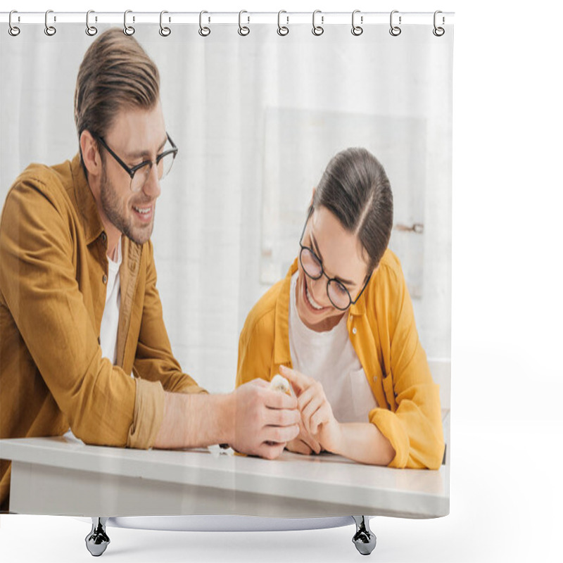 Personality  Young Couple Taking Care Of Little Chick On Table At Home Shower Curtains