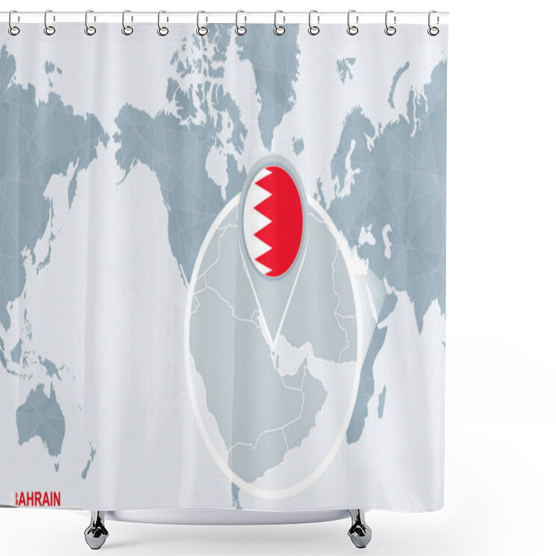 Personality  World Map Centered On America With Magnified Bahrain. Blue Flag And Map Of Bahrain. Abstract Vector Illustration. Shower Curtains