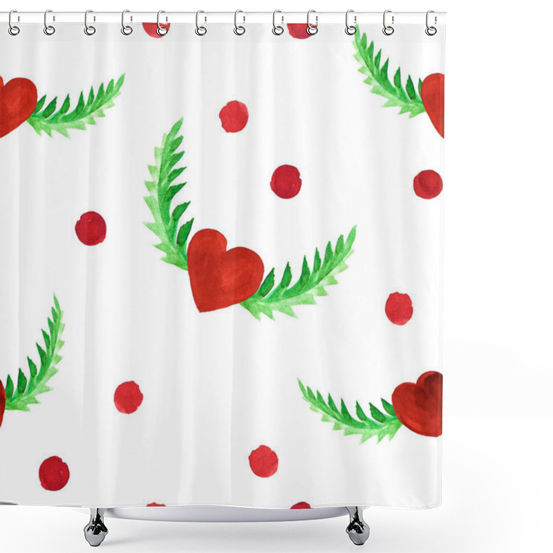 Personality  A Seamless Pattern Featuring Red Heart Shapes With Wing-like Leaf Accents, Set Against A White Background With Red Circular Spots. A Playful And Romantic Design, Perfect For Love-themed Projects. Shower Curtains