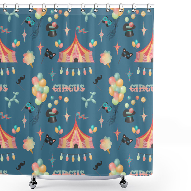 Personality  Seamless Pattern Of Hand Drawn Circus Elements And Attributes Of Amusement Park (circus Tent, Air Balloons, Ice Cream, Fun Masks), Illustration On Dark Blue Background Shower Curtains