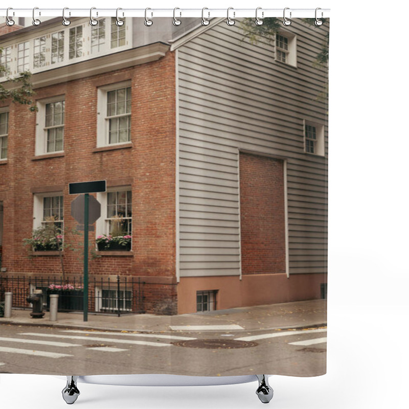 Personality  Crosswalk On Road Near Brick Building On Street In New York City Shower Curtains