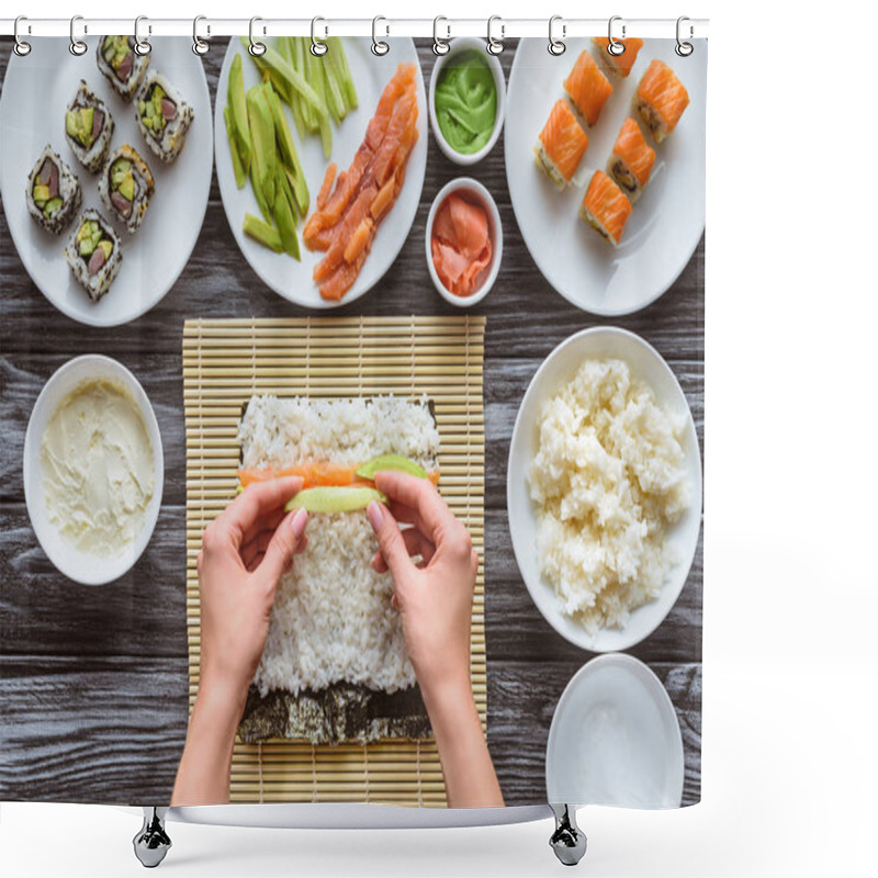 Personality  Cropped Shot Of Person Preparing Sushi With Salmon And Avocado  Shower Curtains