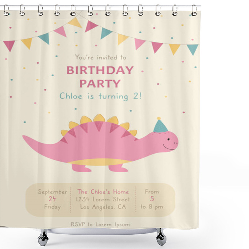 Personality  A Birthday Invitation. Hand Drawn Cute Pink Dinosaur. A Children's Poster Decorated With Flags. Vector Illustration. Shower Curtains