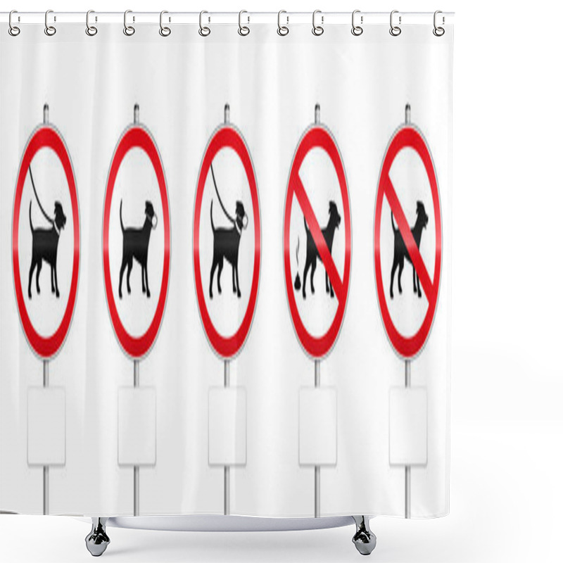 Personality  Dogs Mandatory Signs With Blank Panels - No Dogs Allowed, Dogs On Leash, Wearing Muzzles, Dog Dirt. Isolated On White Background. Shower Curtains