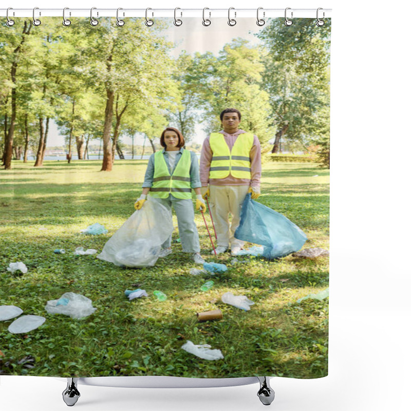 Personality  A Socially Active Diverse Couple In Safety Vests And Gloves Standing Together In The Lush Green Grass, Cleaning The Park. Shower Curtains