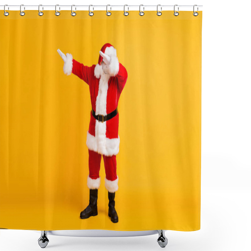 Personality  Full Length Body Size View Of His He Nice Funny Positive Thick Fat White-haired Santa St Nicholas Dancing Having Fun Eve Noel Night Isolated Bright Vivid Shine Vibrant Yellow Color Background Shower Curtains