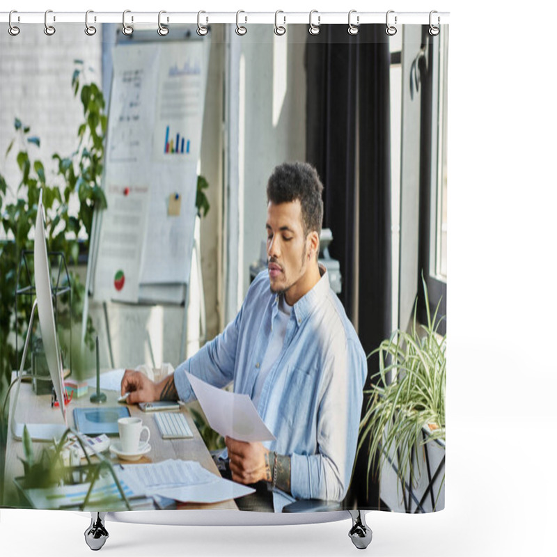 Personality  Handsome Professional Absorbed In Important Tasks At A Stylish Desk Surrounded By Greenery Shower Curtains