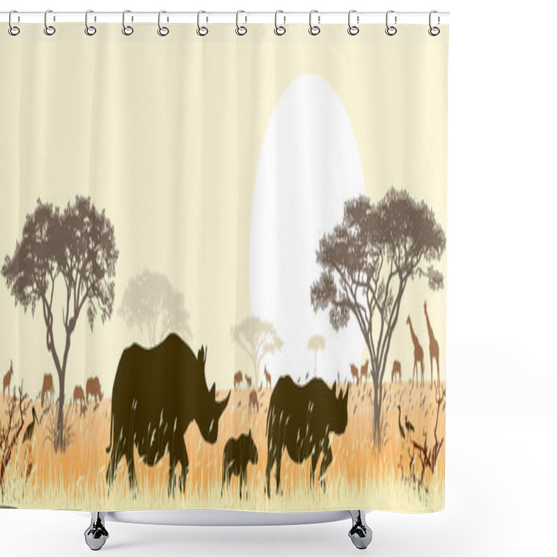 Personality  A Family Of Wild African Rhinoceros Against The Backdrop Of The Sun And Savannah Trees. Shower Curtains