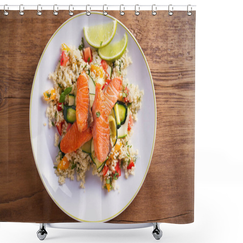 Personality  Roasted Salmon Fish With Tomato Couscous, Zucchini And Lime On White Plate. Overhead, Horizontal Shower Curtains