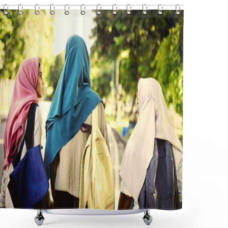 Personality  Back View Of Muslim Student Girls Walking Outdoors  Shower Curtains