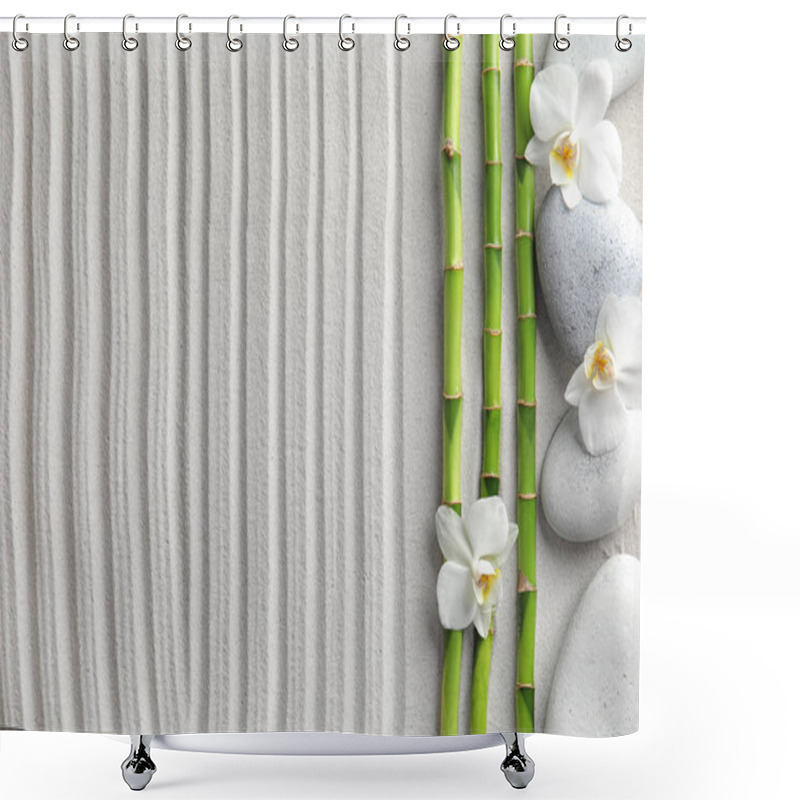 Personality  Bamboo Branches With Spa Stones And Flowers On Sand, Top View. Space For Text Shower Curtains