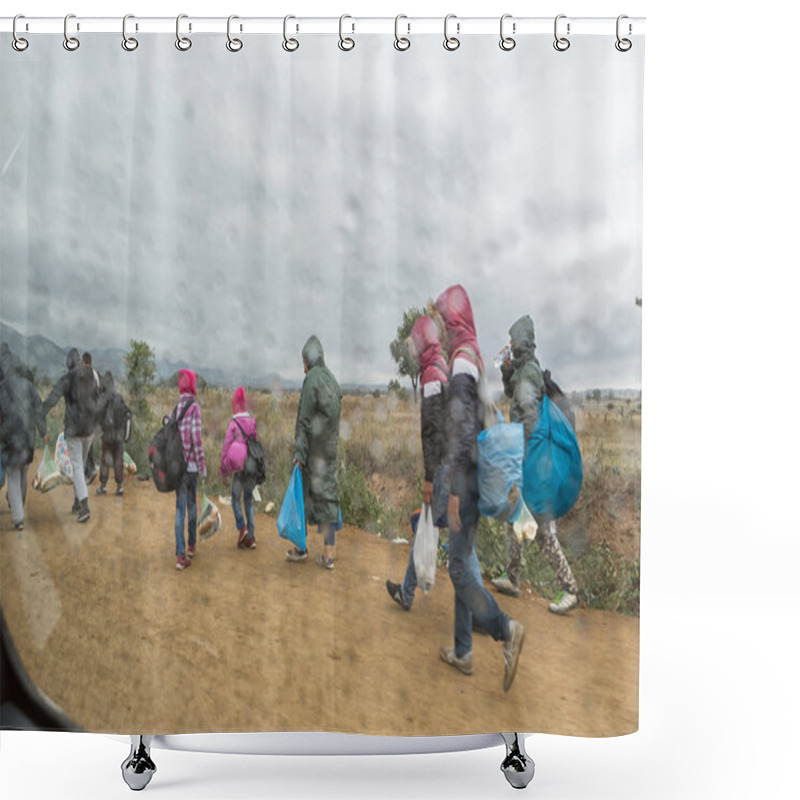 Personality  Refugees And Migrants Walking The Dusty Road Shower Curtains