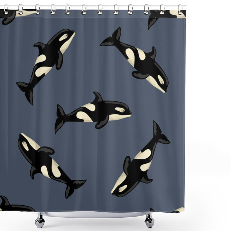 Personality  Seamless Pattern Orca On Dark Background. Template Of Cartoon Character Of Ocean For Children. Repeated Diagonal Texture With Marine Cetacean. Design For Any Purposes. Vector Illustration. Shower Curtains