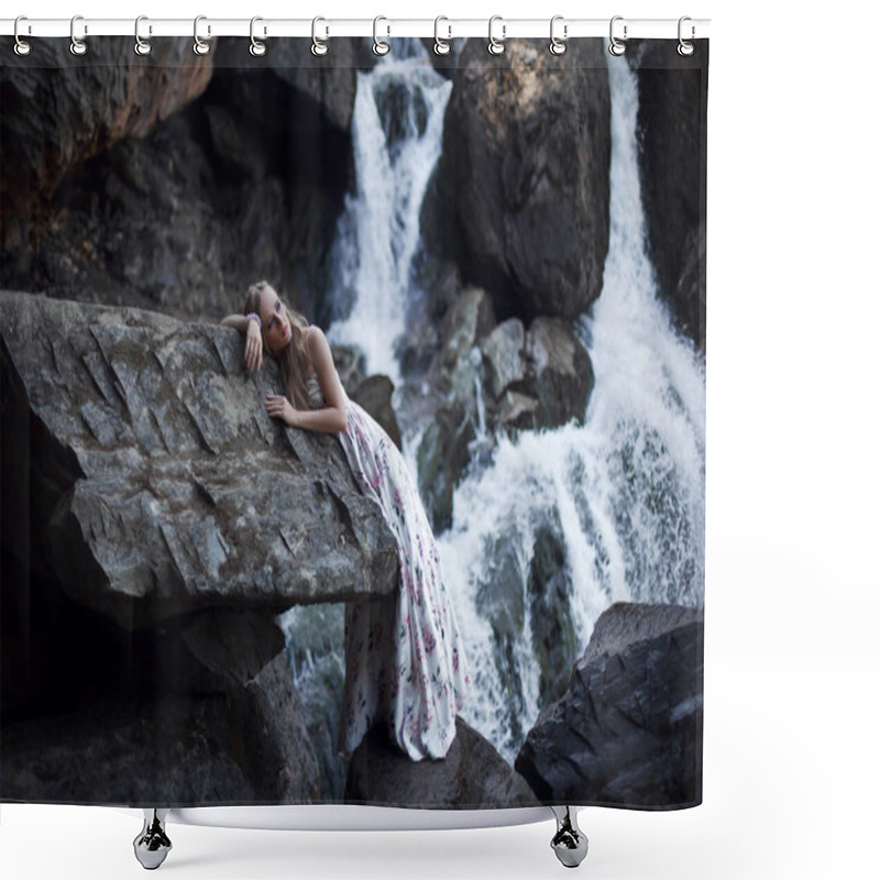 Personality  Girl On The Background Of A Waterfall In The Altai Mountains. Tale Of The River Nymph. Fairytale Photo Shoot. The Story Of Magic. Shower Curtains