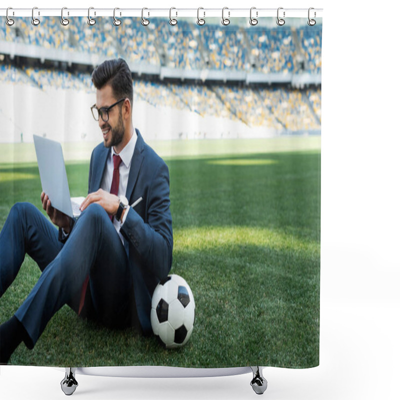 Personality  Smiling Young Businessman In Suit With Laptop And Soccer Ball Sitting On Football Pitch At Stadium, Sports Betting Concept Shower Curtains