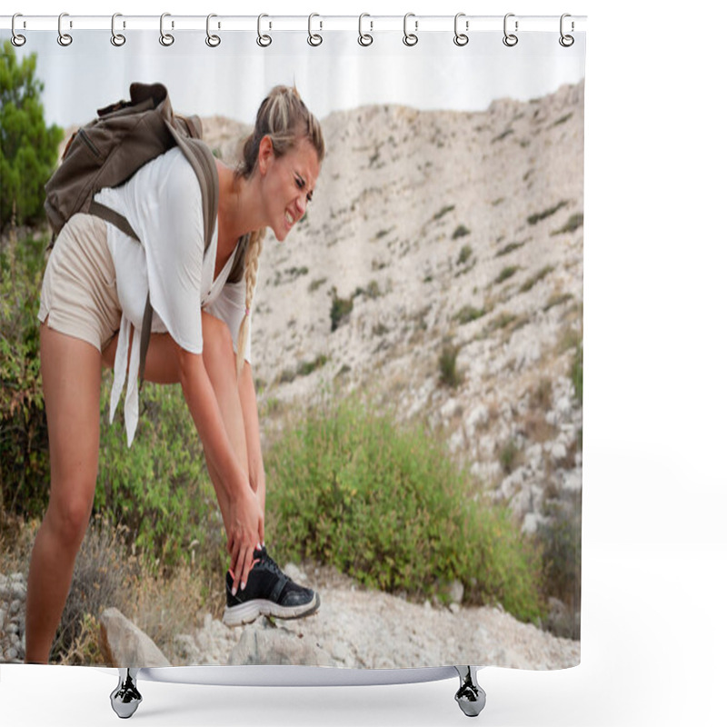 Personality  Hiker Girl With Ankle Injury Feels Pain In Leg Shower Curtains