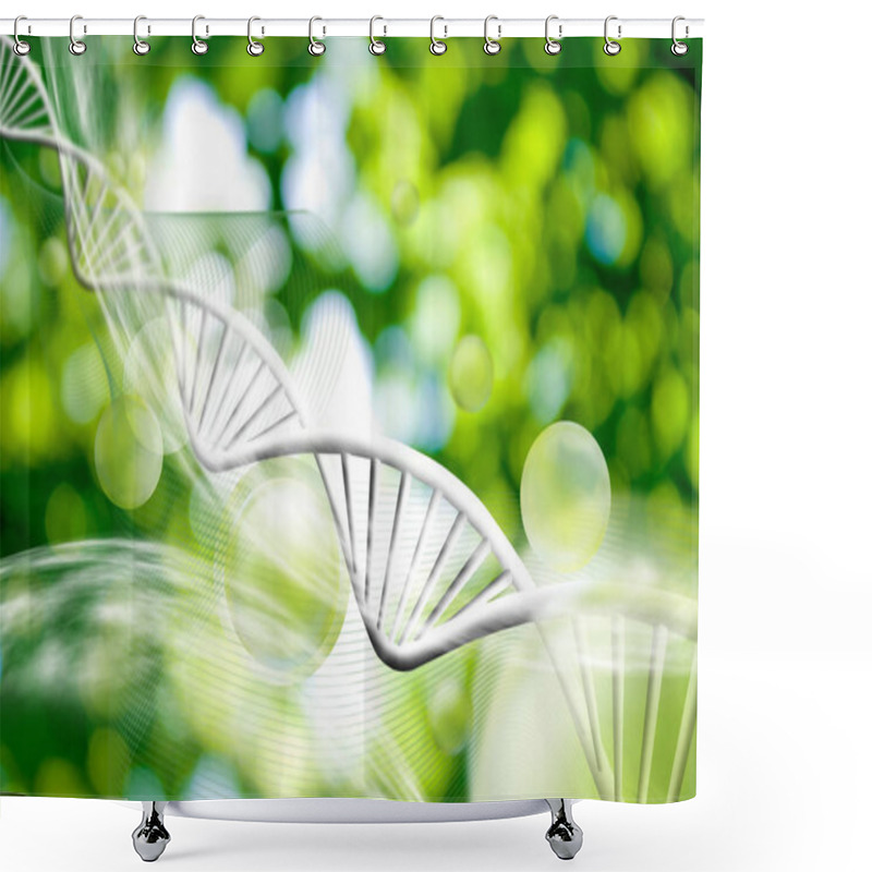 Personality  Image Of Molecular Structure And Chain Of Dna On A Green Background Close-up Shower Curtains