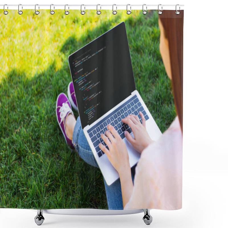 Personality  Cropped Image Of Woman Using Laptop With Html Code In Park Shower Curtains