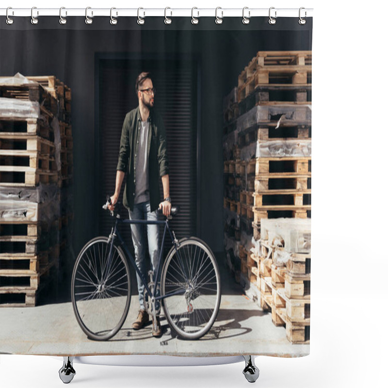 Personality  Young Man With Bicycle  Shower Curtains