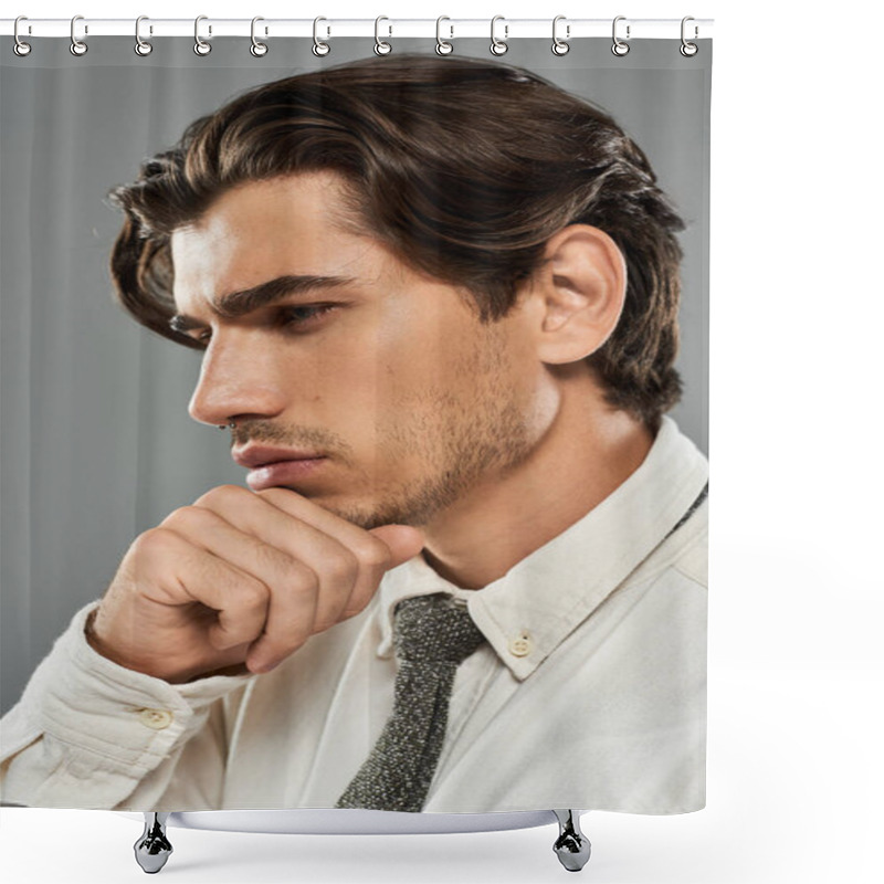 Personality  A Handsome Young Man Dressed In Sharp Formal Attire Contemplates In A Studio, Showcasing Elegance And Poise. Shower Curtains