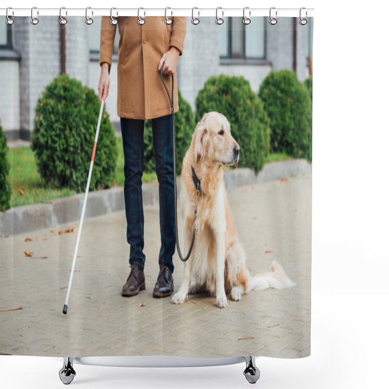 Personality  Cropped View Of Blind Man With Guide Dog And Walking Stick On Urban Street Shower Curtains