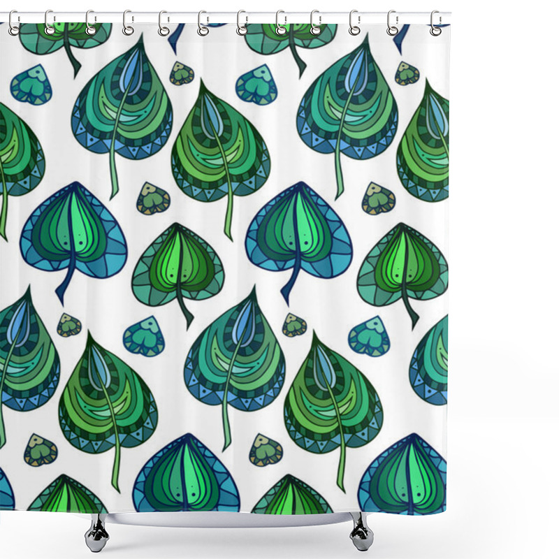 Personality  Seamless Texture With Green Doodle Leaves Shower Curtains