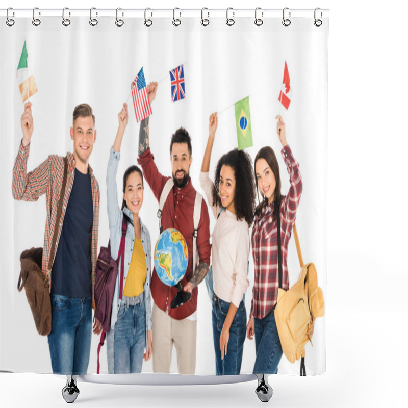 Personality  Handsome Man Holding Globe And Standing With Multiethnic Group Of People Holding Flags Of Different Countries Above Heads Isolated On White Shower Curtains