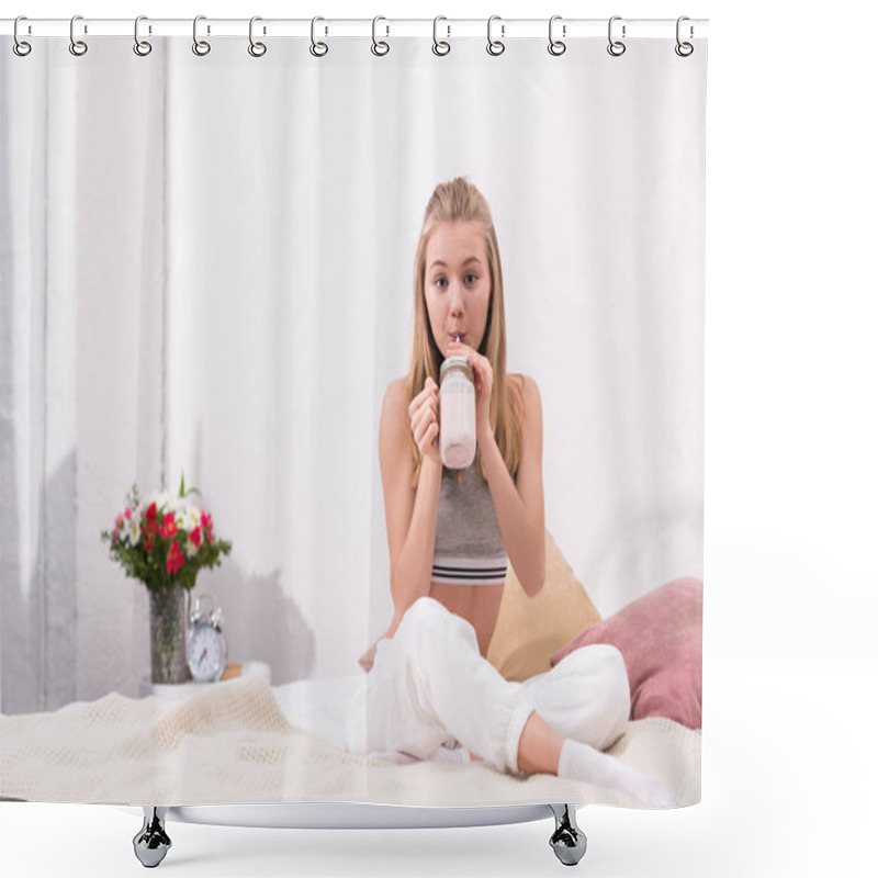 Personality  Attractive Young Woman Drinking Milkshake While Sitting On Bed Shower Curtains