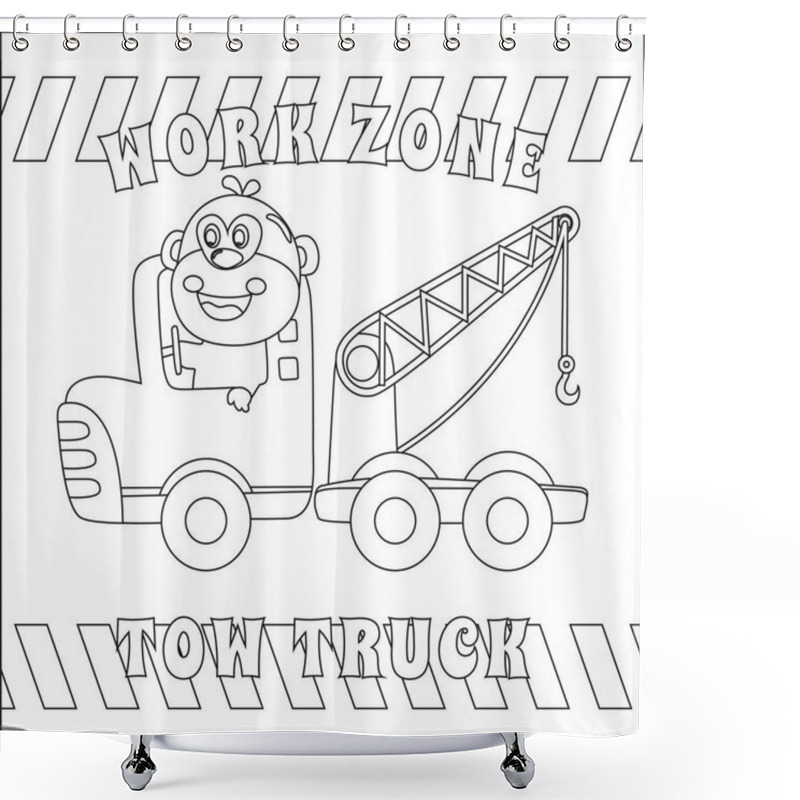 Personality  Vector Illustration Of Contruction Vehicle With Cute Litle Animal Driver. Creative Vector Childish Design For Kids Activity Colouring Book Or Page. Shower Curtains