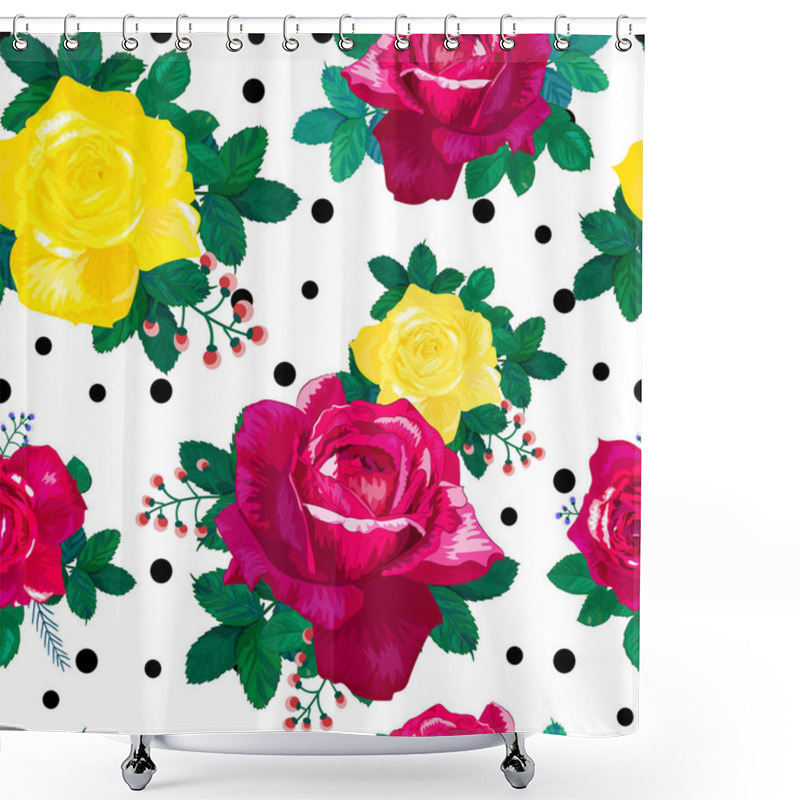 Personality  Seamless Pattern With Beautiful Red Yellow Roses And Black Dots Shower Curtains