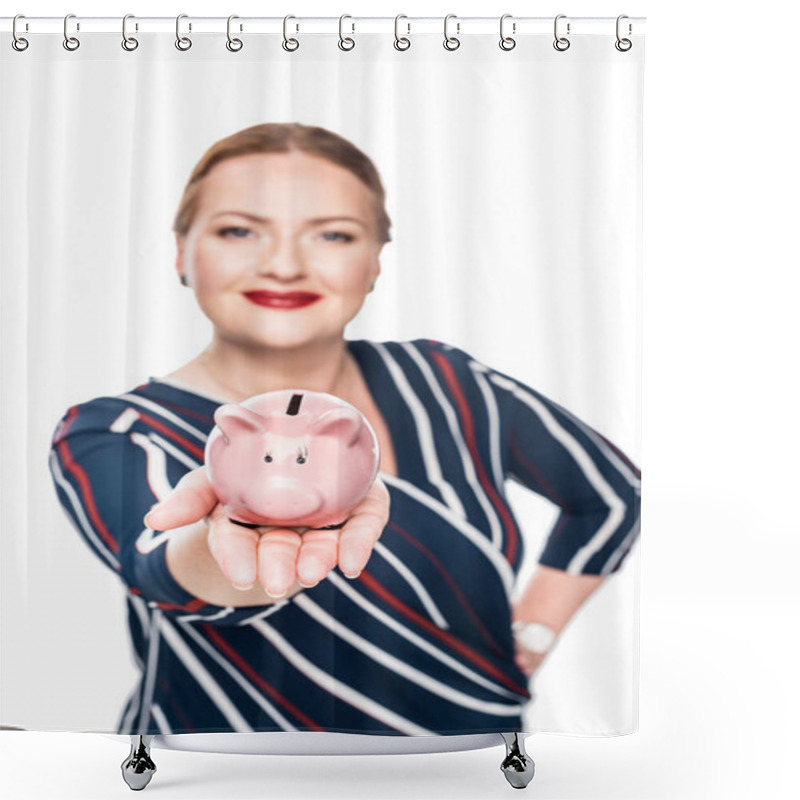 Personality  Selective Focus Of Businesswoman Showing Pink Piggy Bank Isolated On White Background  Shower Curtains