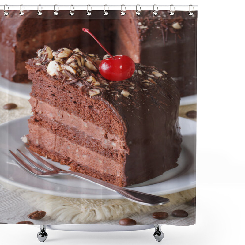 Personality  Cut A Piece Of Dark Chocolate Cake Vertical Macro Shower Curtains