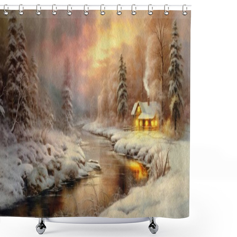 Personality  Watercolor Paintings Rural Landscape, River In The Forest, Winter Landscape, Fire In Windows, Old House The Forest Shower Curtains