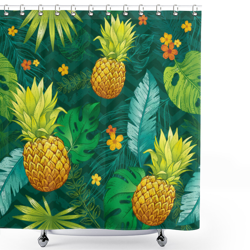 Personality  Summer Seamless Pattern With Pineapples. Tropical Fruit, Flowers And Leaves Of Palm And Monstera In Sketch Style. Vector Hand Drawn Background With Exotic Fruit, Ananas And Jungle Plants Shower Curtains