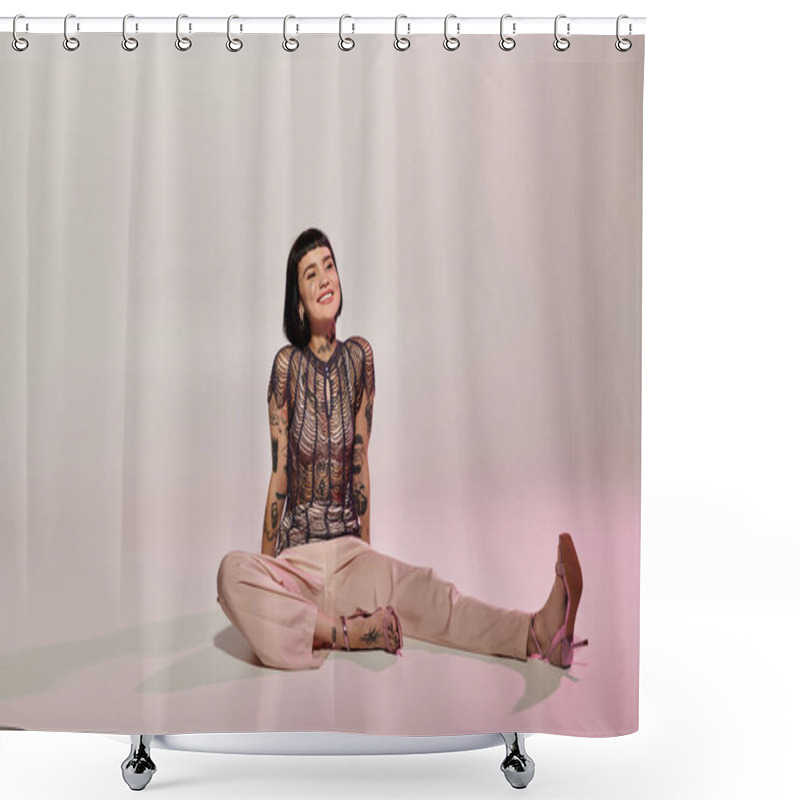 Personality  A Fashionable Young Woman Showcases Her Tattoos While Sitting Playfully. Shower Curtains