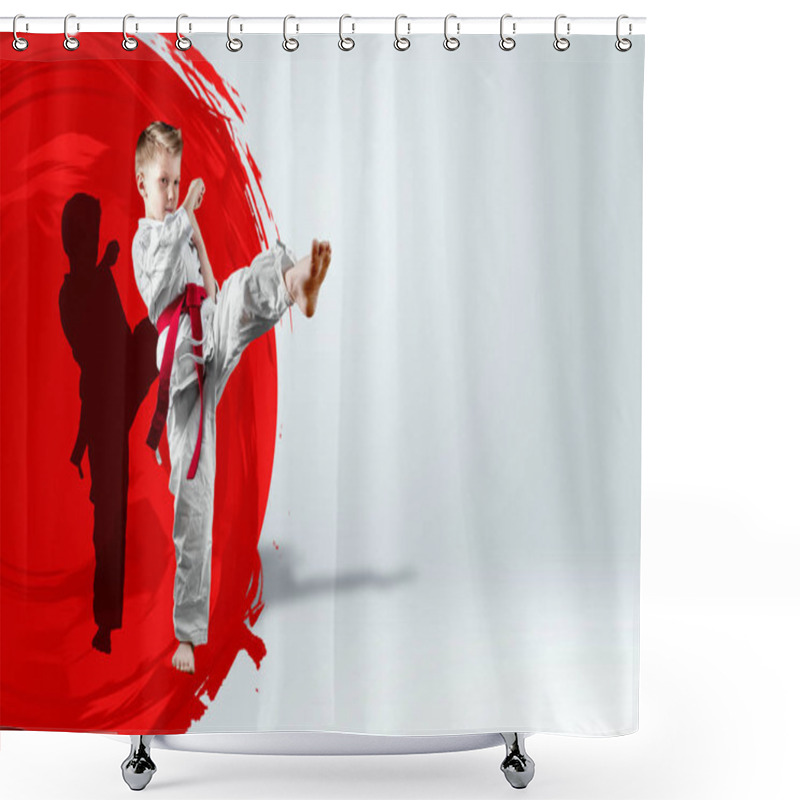 Personality  A Boy In A White Kimono With A Red Belt Against The Background Of A Red Circle, The Sun. Karate Concept, Goal, Training, Achievement Shower Curtains