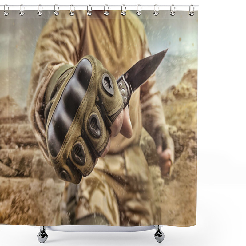 Personality  Photo Of A Military Equipped Soldier Posing And Holding A Small Tactical Knife In Gloves On Desert Battlefield Background. Shower Curtains