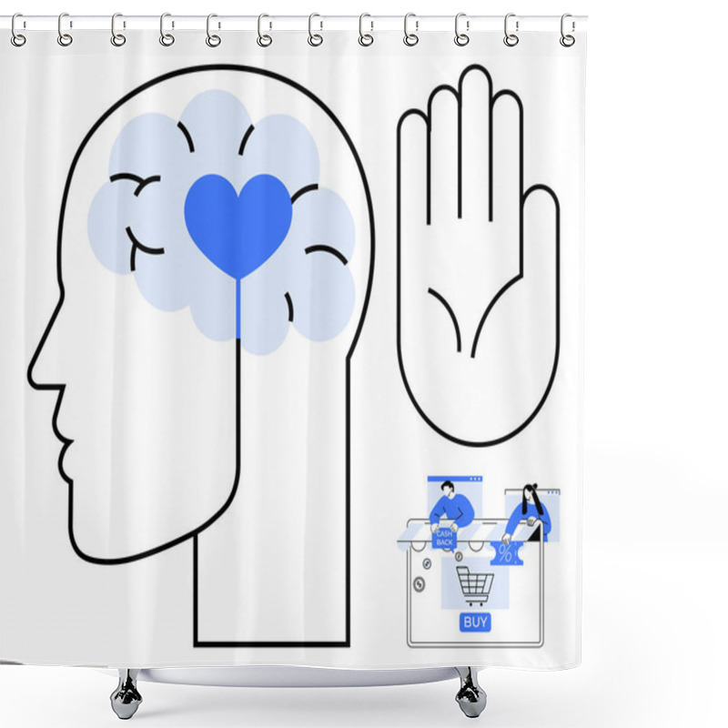 Personality  Human Brain With Heart, Raised Hand, And Online Shopping On Screen. Ideal For Mental Health, Online Shopping, Emotional Intelligence, Decision-making, Human Interaction, Mindfulness Digital Shower Curtains