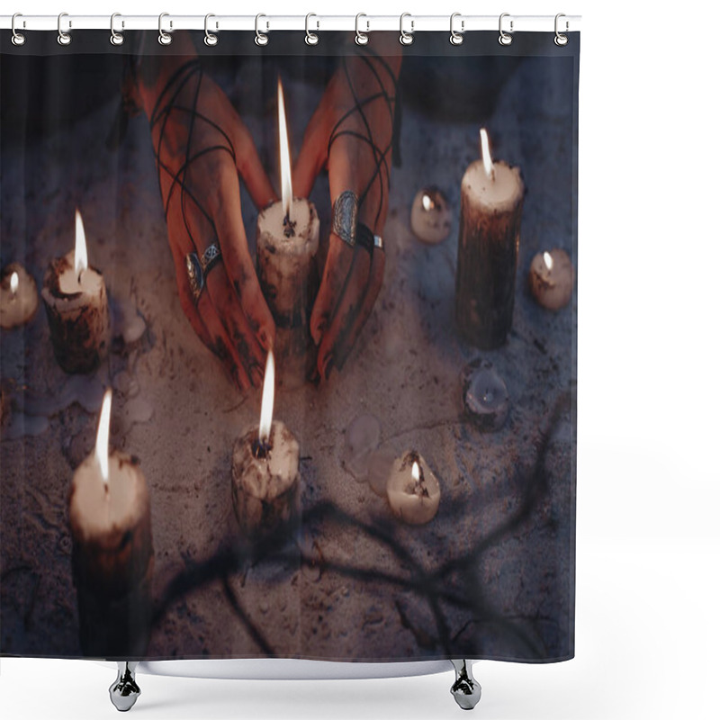 Personality  Cropped Of Magic Woman In Forest With Candles Shower Curtains