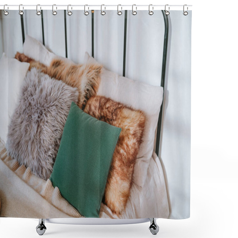 Personality  A Beautifully Arranged Metal Bed Frame Showcases An Array Of Plush Pillows In Soft Textures And Warm Colors, Creating A Cozy And Inviting Atmosphere In The Bedroom. Shower Curtains